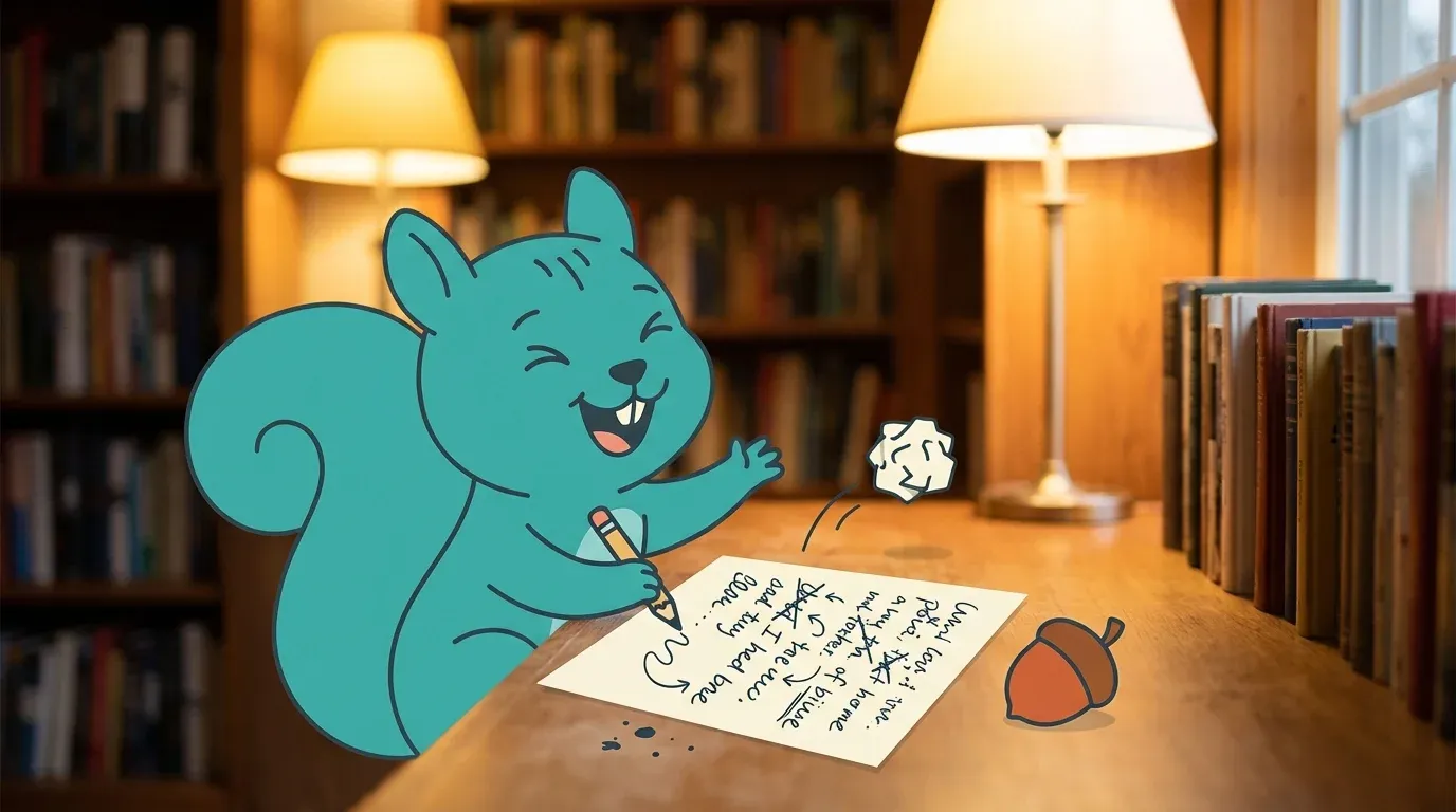 A grinning teal squirrel at a wooden desk, scribbling rapidly across a page already covered with loopy messy handwriting and cross-outs. A crumpled paper ball sails through the air as if just flung over the shoulder. A rust-orange acorn sits beside the paper like a co-conspirator. The cozy homework nook glows with warm lamp light. The thought bubble from the hero image is gone — the ideas are no longer trapped above the head; they are finally getting out onto the page.
